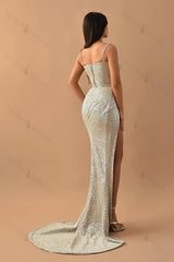 Sequined Straps Sweetheart Sleeveless Long Evening Formal Dress With High Split