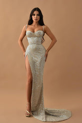 Sequined Straps Sweetheart Sleeveless Long Evening Formal Dress With High Split