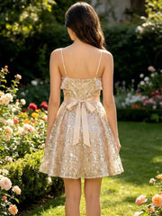 Sequined Tiered Mini Dress with Satin Bow & Straps Homecoming Dresses