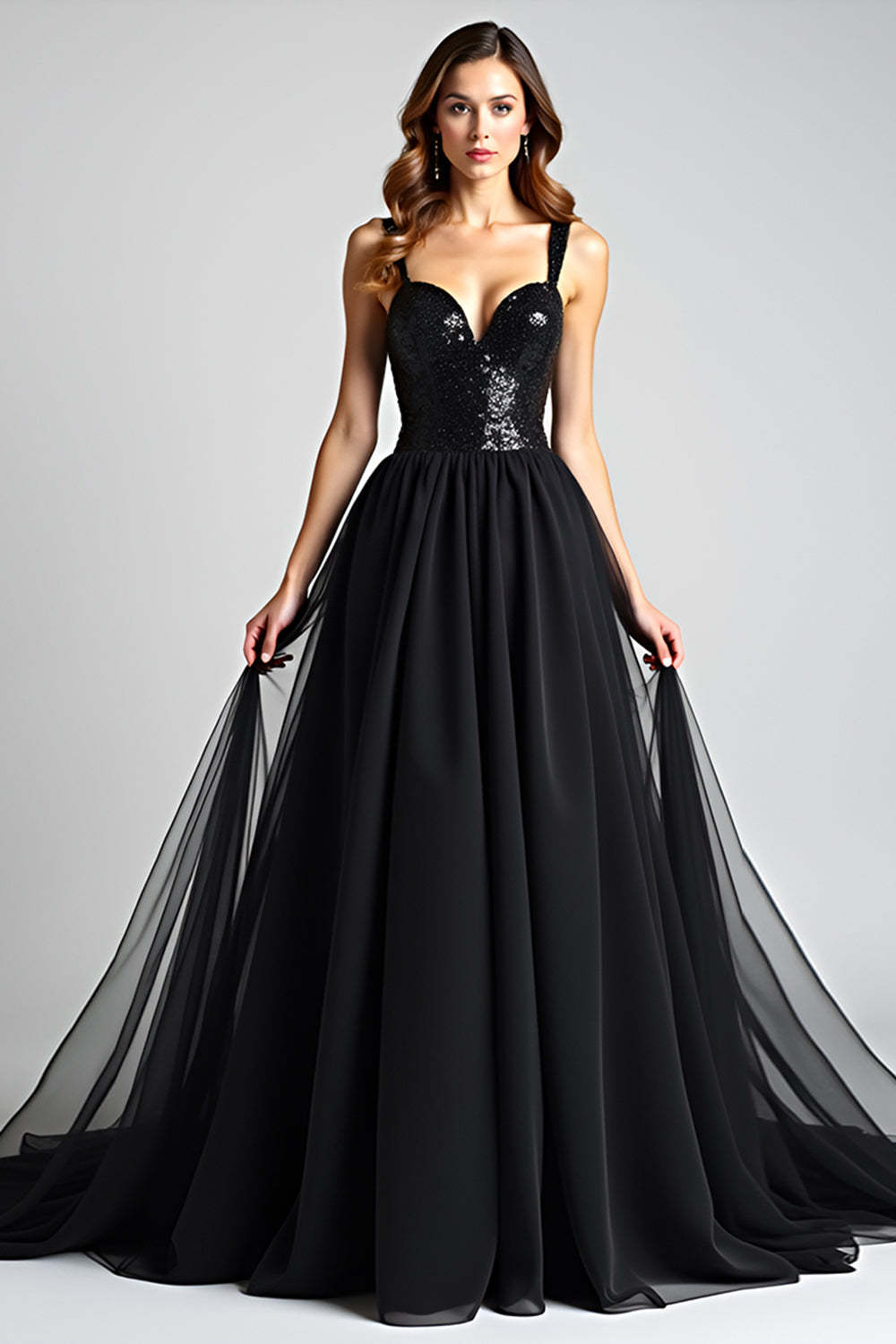Suzhoufashion Sequins Backless Black Wedding Guest Dress A Line Long Tulle Graduation Dress Suzhoufashion Sequins Backless Black Wedding Guest Dress A Line Long Tulle Graduation Dress