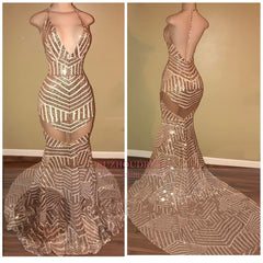 Sequins Mermaid Halter-Neck Sheer Backless Prom Dresses BA5117