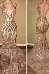 Sequins Mermaid Halter-Neck Sheer Backless Prom Dresses BA5117
