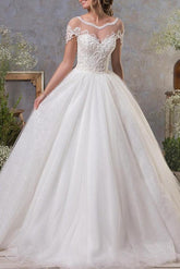 Sexy A-Line Wedding Dresses Jewel Lace Tulle Short Sleeve Bridal Gowns Vintage See-Through Backless Court Train