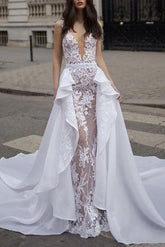 Sexy A-Line Wedding Dresses Plunging Neck Detachable Lace Tulle Chiffon Bridal Gowns Romantic Sweep Train