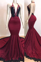 Sexy Backless Black Lace Prom Dresses | Mermaid V-neck Burgundy Evening Gown with Long Train BC0620