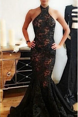 Sexy Backless Evening Gowns Halter Black Lace Mermaid Prom Dresses