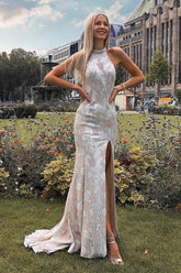 Sexy Backless Lace Slit Prom Dress Online