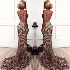 Sexy Champagne Stripes Formal Evening Dress | V-neck Open Back Ball Dress with Long Train BA8496