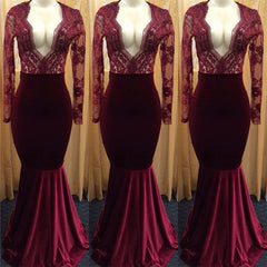 Sexy Deep V-neck Burgundy Lace Long Sleeve Prom Dress Mermaid Velvet Evening Gown