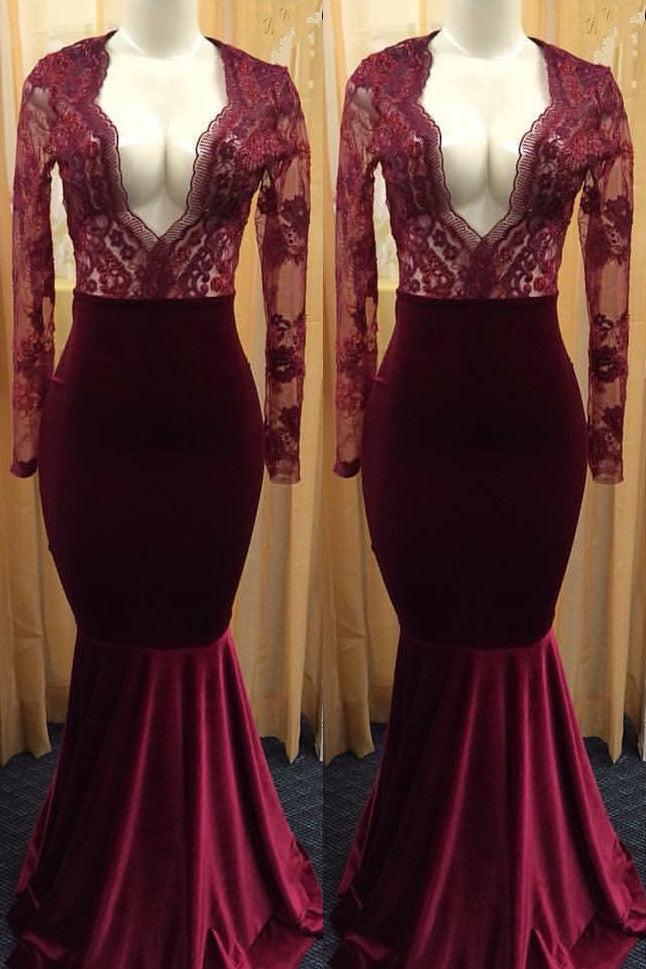 Sexy Deep V-neck Burgundy Lace Long Sleeve Prom Dress Mermaid Velvet Evening Gown