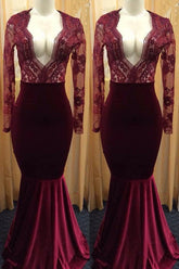 Sexy Deep V-neck Burgundy Lace Long Sleeve Prom Dress Mermaid Velvet Evening Gown