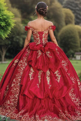 Sexy & Hot Ball Gown Off Shoulder Gold Flower Appliques Lace Up Tiered Red Tulle Quinceanera Dress Birthday Party Dress For Sweet 16