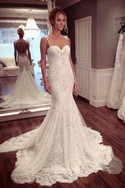 Sexy Lace Spaghetti Strap Mermaid Wedding Dress Latest Court Train Open Back Bridal Gowns