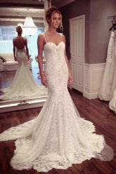 Sexy Lace Spaghetti Strap Mermaid Wedding Dress Latest Court Train Open Back Bridal Gowns