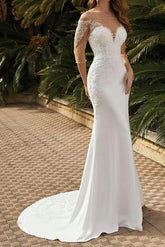 Sexy Mermaid Beach Wedding Dress Square Neck Lace Satin Tulle Half Sleeves Bridal Gowns with Sweep Train