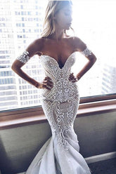Sexy Mermaid Embroider Off-the-shoulder Zipper Beach Wedding Dress