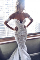 Sexy Mermaid Embroider Off-the-shoulder Zipper Beach Wedding Dress