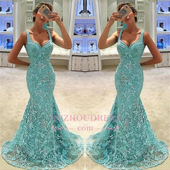 Sexy Mermaid Lace Formal Dresses | Appliques Sweep Train Sleeveless Evening Gown Long