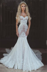 Sexy Mermaid Lace Off-the-Shoulder Beach Wedding Dresses Open Back Bridal Gowns BA7275