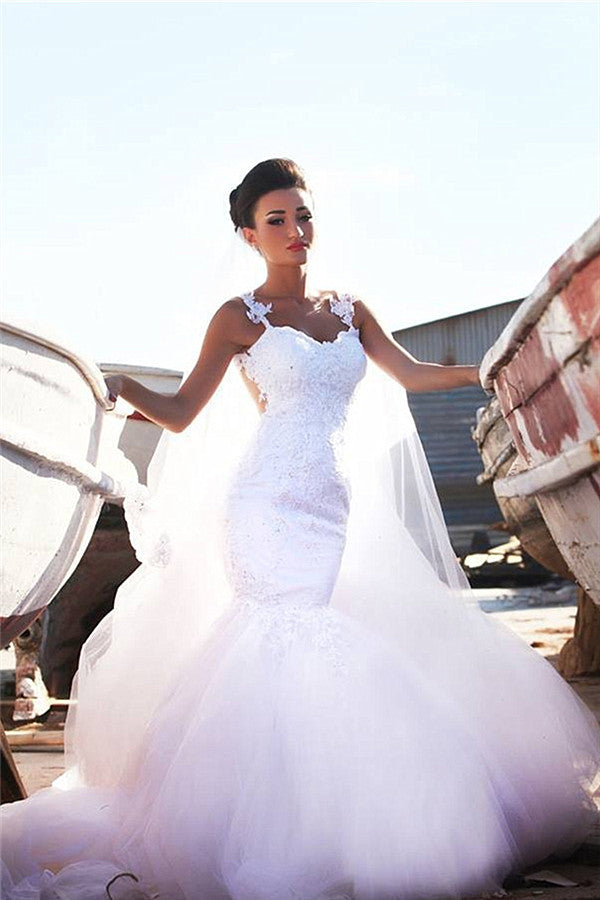 Sexy Mermaid Lace Straps Wedding Dress Sweetheart Sheer Back Bridal Dress