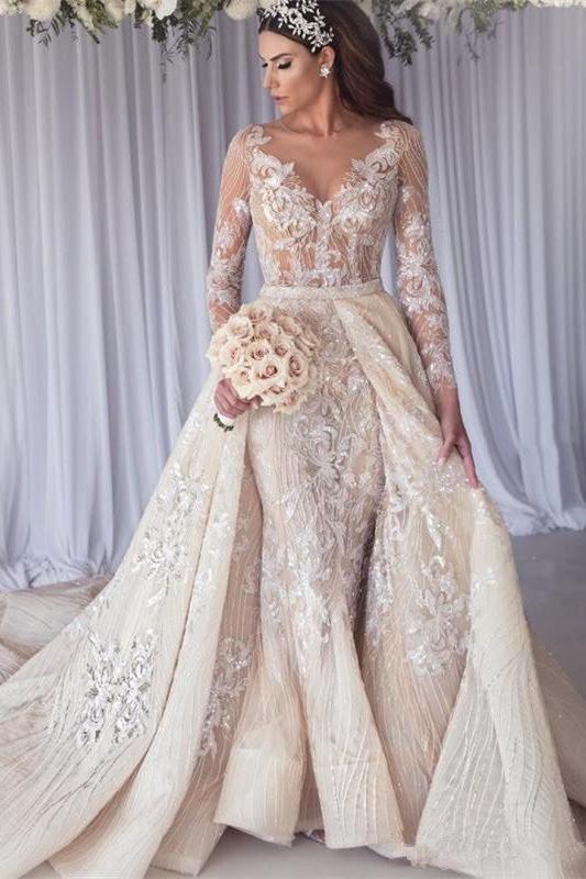 Sexy Mermaid Lace Wedding Dress Long Sleeves Appliques Bridal Gowns with Overskirt Online | Suzhoufashion Sexy Mermaid Lace Wedding Dress Long Sleeves Appliques Bridal Gowns with Overskirt Online | Suzhoufashion