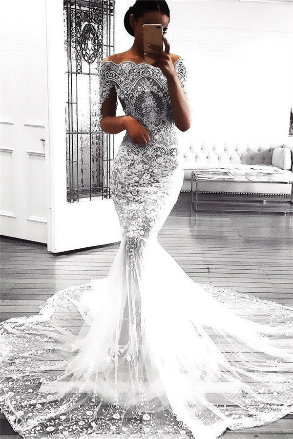 Sexy Mermaid Long Sleeve Lace Beach Wedding Dress Sexy | Flowers See Through Tulle Bride Dress