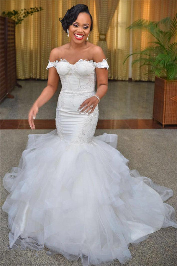 Sexy Mermaid Off the Shoulder Wedding Dresses Lace Up Back Organza Wedding Gowns WE0033