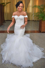 Sexy Mermaid Off the Shoulder Wedding Dresses Lace Up Back Organza Wedding Gowns WE0033