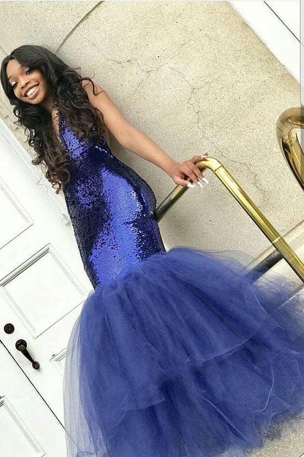 Sexy Mermaid Sequins Prom Dresses | Tulle Sleeveless V-Neck Evening Dresses