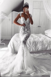 Sexy Mermaid Straps Beach Wedding Dresses | Sheer Tulle Sleeveless Appliques Bridal Gowns
