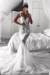 Sexy Mermaid Straps Beach Wedding Dresses | Sheer Tulle Sleeveless Appliques Bridal Gowns