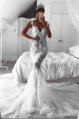 Sexy Mermaid Straps Beach Wedding Dresses | Sheer Tulle Sleeveless Appliques Bridal Gowns