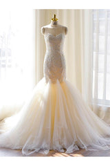 Sexy Mermaid Sweetheart Tulle Long Wedding Dress Court Train Lace-Up Plus Size Bridal Gown