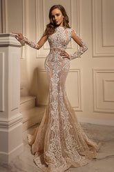 Sexy Mermaid Tulle Lace Long Sleeves Beach Wedding Dress On Sale