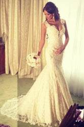 Sexy Mermaid V-neck Wedding Dress Sparkly Lace Bridal Gowns BO4457