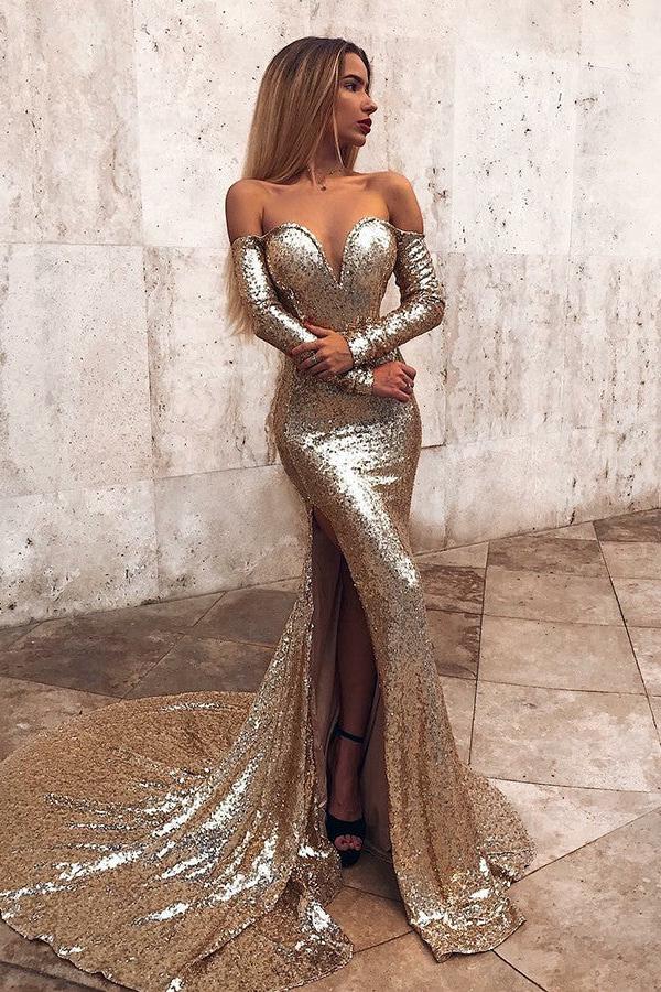 Sexy Off The Shoulder Champagne Sequins Prom Dresses | Long Sleeve Side Slit Evening Gowns