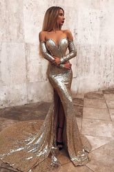 Sexy Off The Shoulder Champagne Sequins Prom Dresses | Long Sleeve Side Slit Evening Gowns