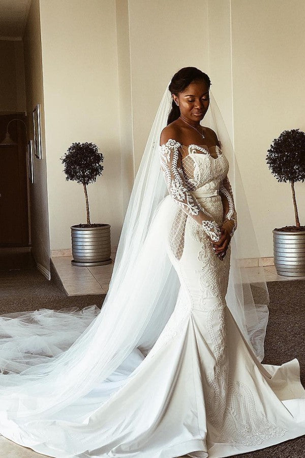 Sexy Off The Shoulder Long Sleeves Wedding Dress Mermaid Fit And Flare Applique Bridal Gowns | Suzhoufashion Sexy Off The Shoulder Long Sleeves Wedding Dress Mermaid Fit And Flare Applique Bridal Gowns | Suzhoufashion