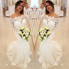 Sexy Off The Shoulder Mermaid Beach Wedding Dresses | Long Sleeves Lace Beach Bridal Dresses with Court Train