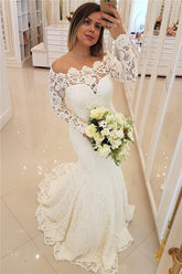 Sexy Off The Shoulder Mermaid Beach Wedding Dresses | Long Sleeves Lace Beach Bridal Dresses with Court Train