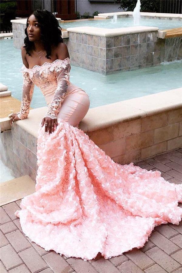 Evening Dress Pink Lace Long Sleeve Dress Sexy Off The Shoulder