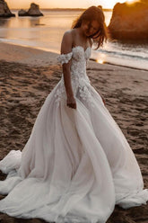 Sexy Off-the-shoulder sleeveless Tulle Beach Wedding Dress with Lace