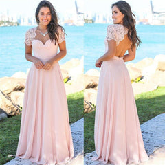Sexy Open Back Pink Bridesmaid Dresses | Chiffon Short Lace Sleeves Formal Evening Dresses