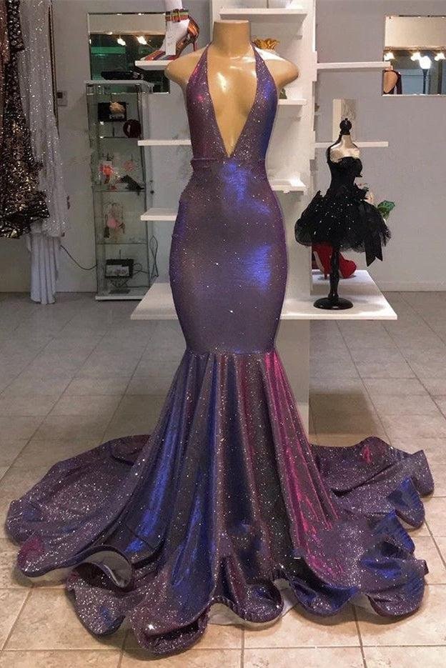 Sexy Open Back V-neck Sleeveless Mermaid Shiny Prom Dresses for Juniors