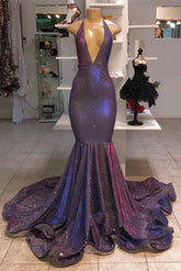Sexy Open Back V-neck Sleeveless Mermaid Shiny Prom Dresses for Juniors