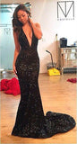 Sexy Plunging Neck Black Evening Dress Hlter Backless Sequins Party Gown BA2412