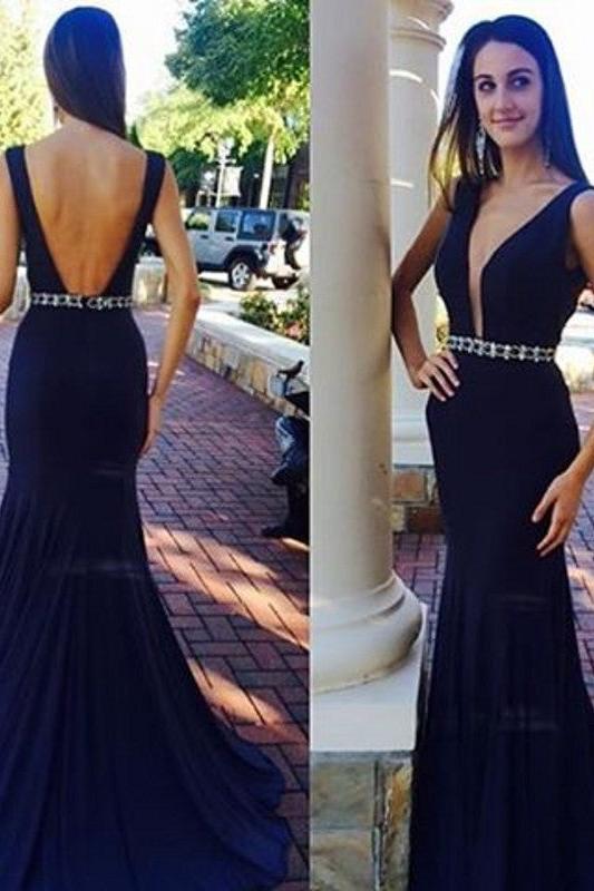 Sexy Plunging Neck Prom Dress Simple Backless Sweep Train Evening Dresses