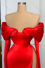 Sexy Red Long Sleeves Mermaid Evening Prom Dresses Off-the-Shoulder With Slit