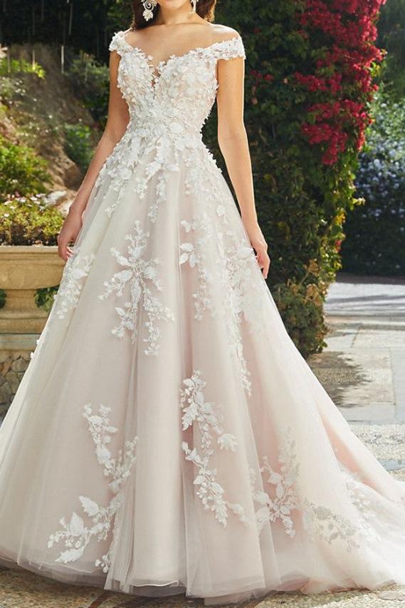 Sexy See-Through A-Line Wedding Dress V-neck Lace Tulle Sleeveless Bridal Gowns in Color with Chapel Train