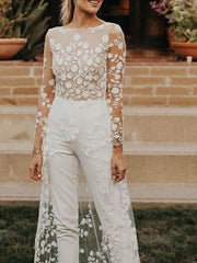 Sexy See-Through Jumpsuits A-Line Beach Wedding Dress Jewel Lace Satin Long Sleeves Modern Bridal Gowns with Sweep Train